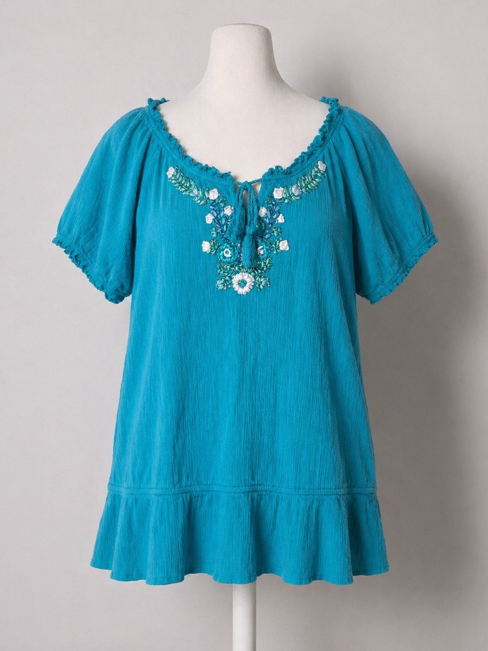 VTG Fashion Bug Top Large Turquoise Floral Ribbon Embroidery Tie Peplum Pretty!